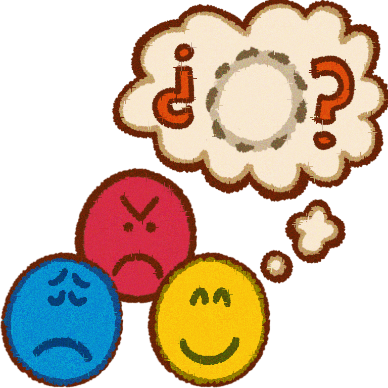  3 faces , the first one starting from the left is blue with a sad expression , the second one is red with an angry expression & the last one is yellow with a happy expression , there is a thought bubble next to them , in the bubble there is an empty circle in between question marks .